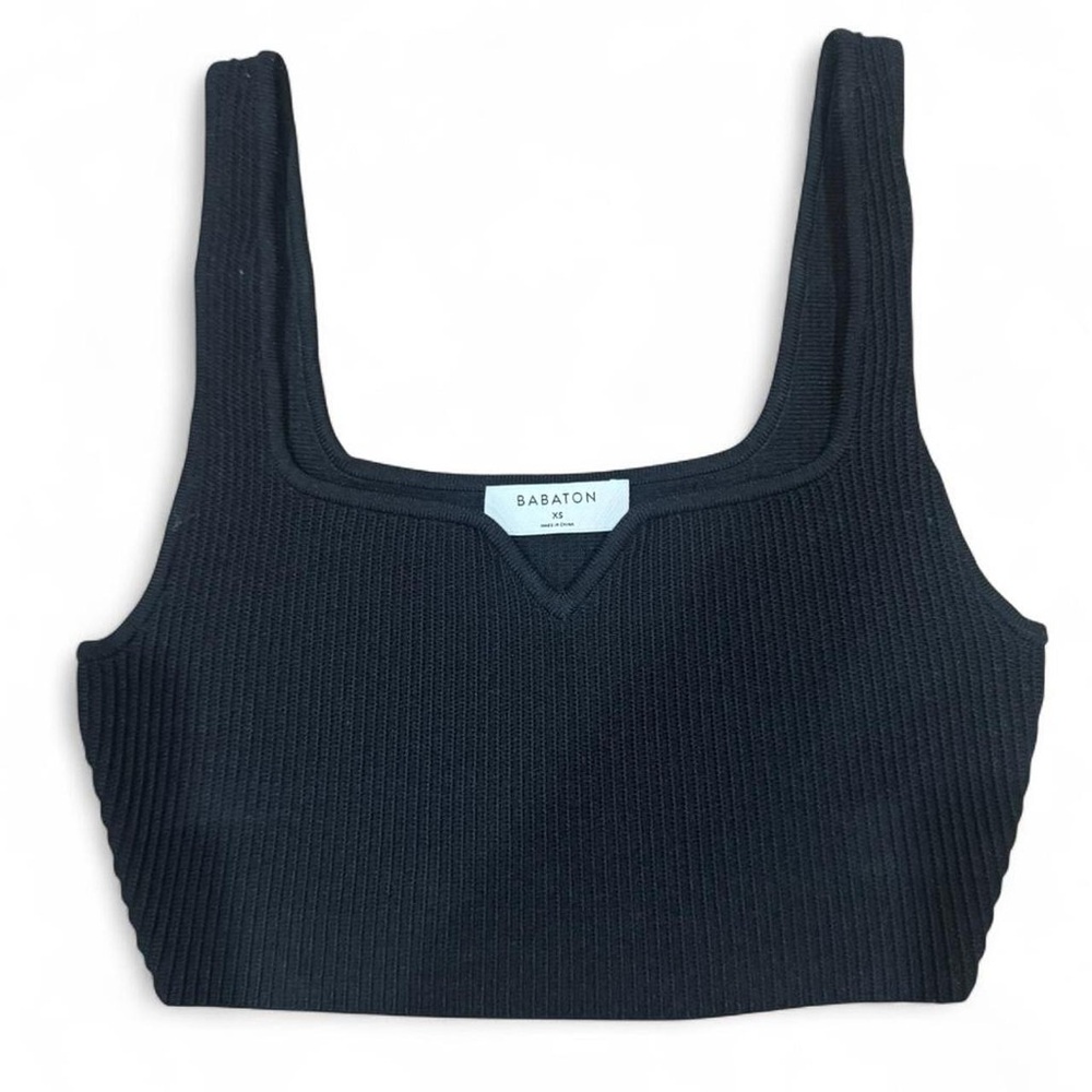 Babaton Black Ribbed V-Neck Crop Tank